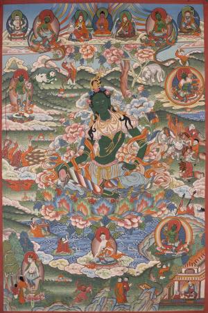 Old Green Tara Thangka Art | Original Hand Painted Healing Female Deity | Healing Tara Painting